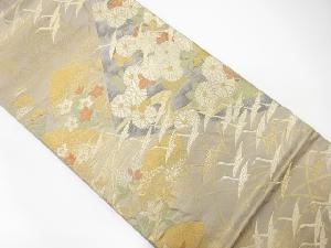 秋草に群鶴模様織り出し　袋帯